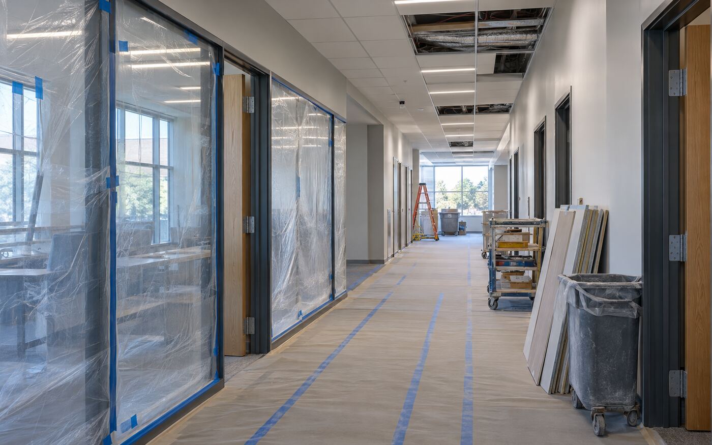 An institutional corridor under renovation with protective barriers