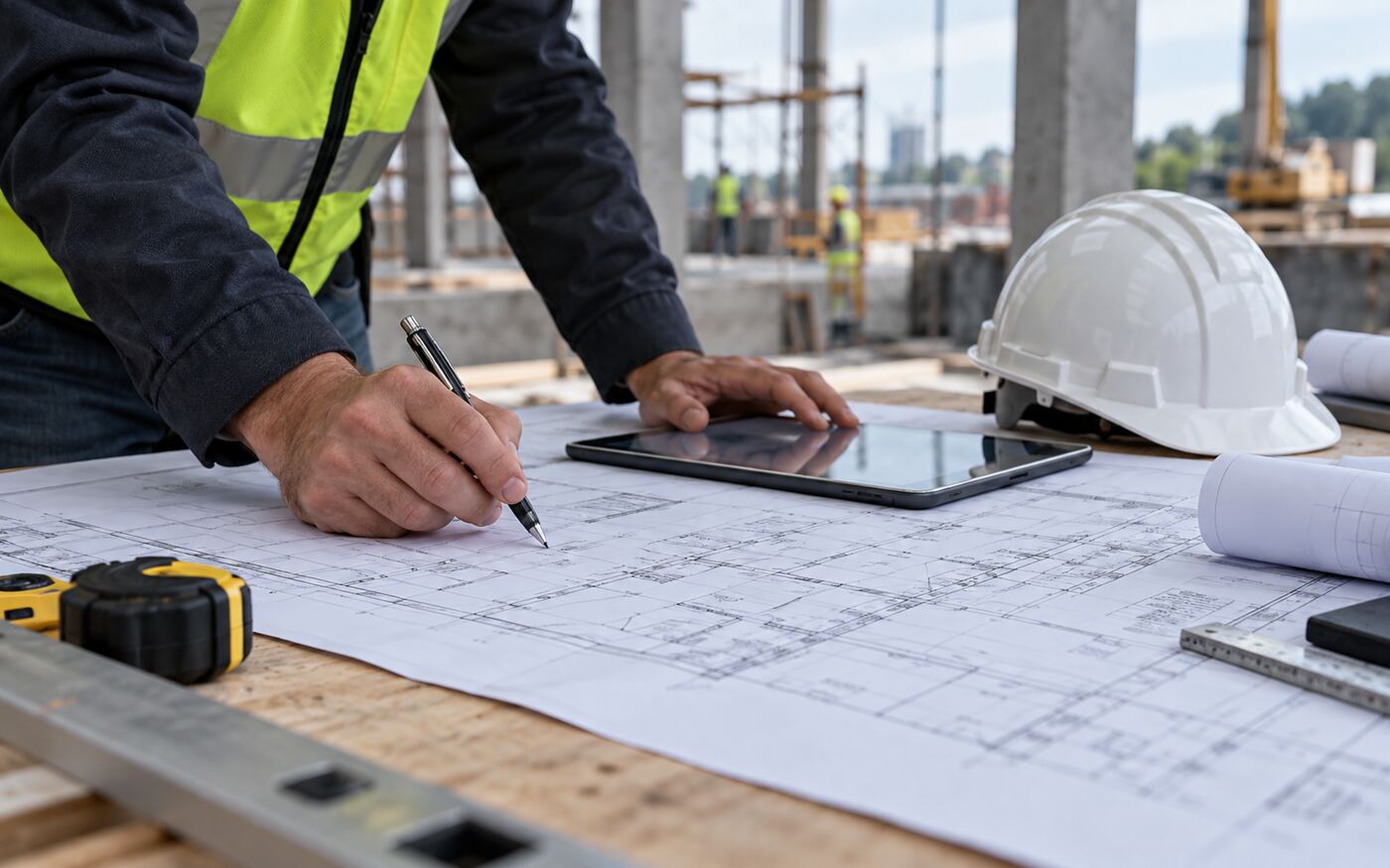 Construction drawings, a tablet and a hard hat on a work table